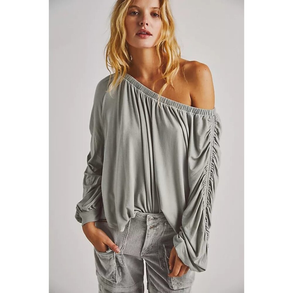 We The Free Off-Shoulder Ruched Sleeve Blouse in Sage Green